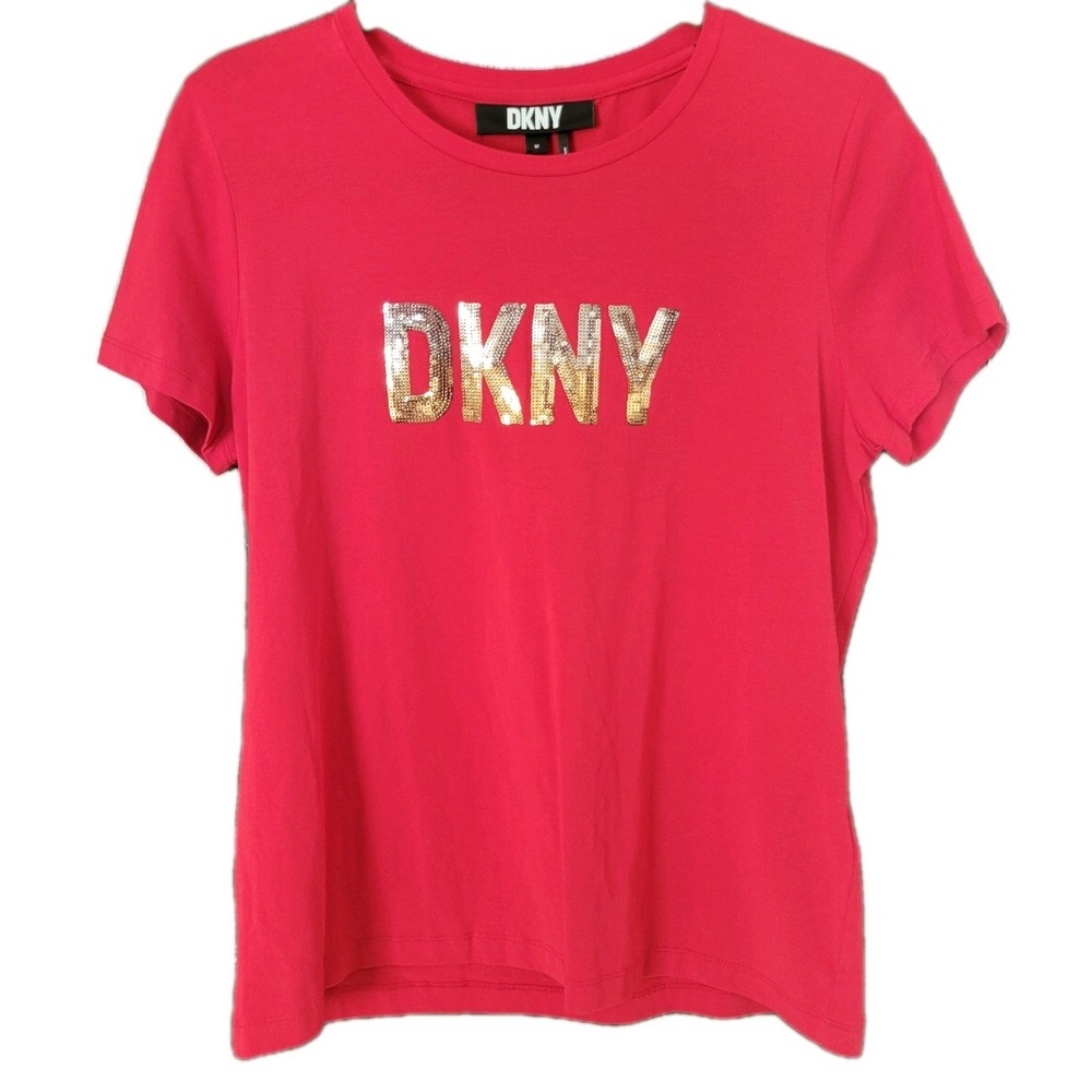 DKNY Women T-Shirt Red Sequined Shiny Short Sleeve NWT Size Medium Casual Logo